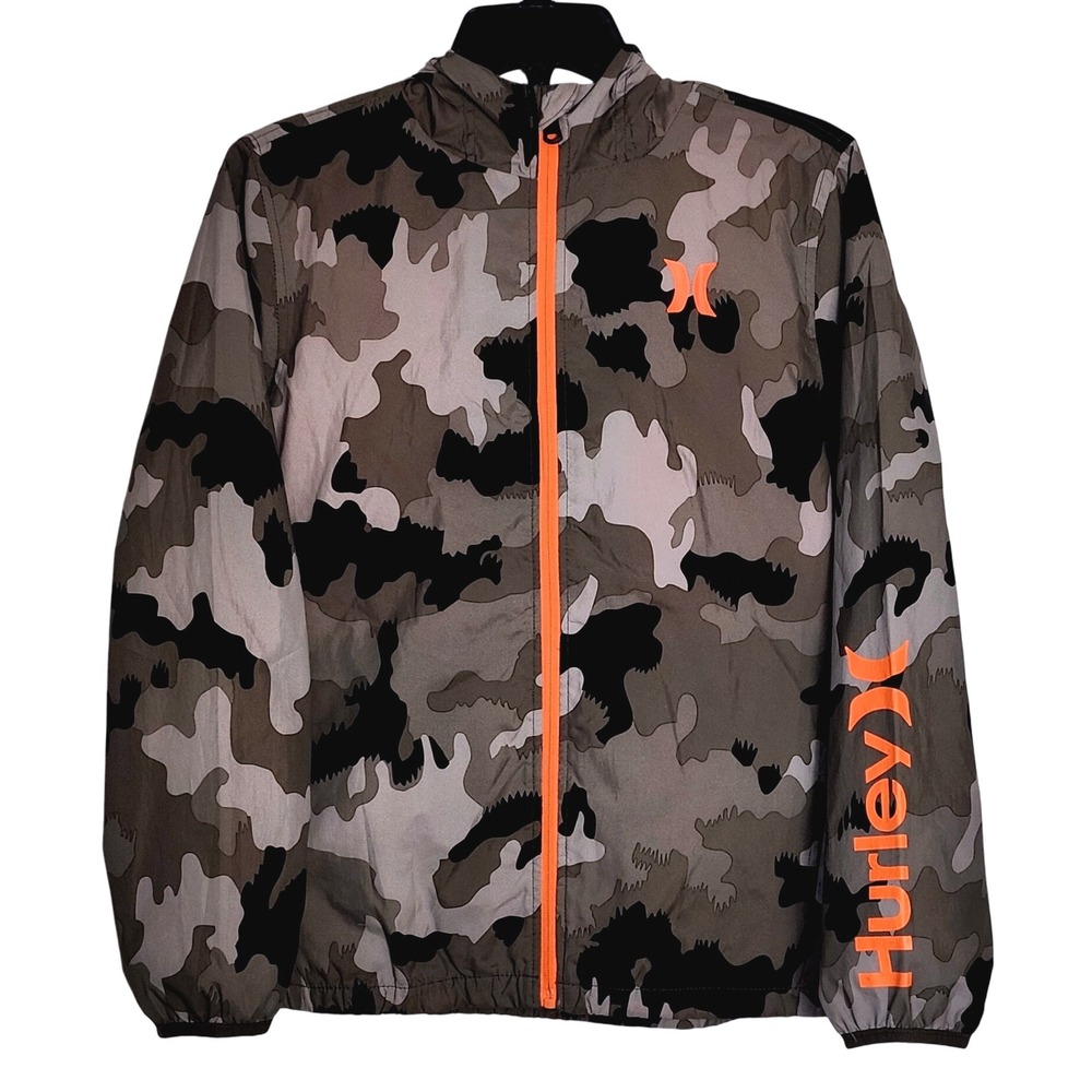 Hurley Full Zip Lightweight Hooded Windbreaker Jacket Boys‎ Large Camo Orange